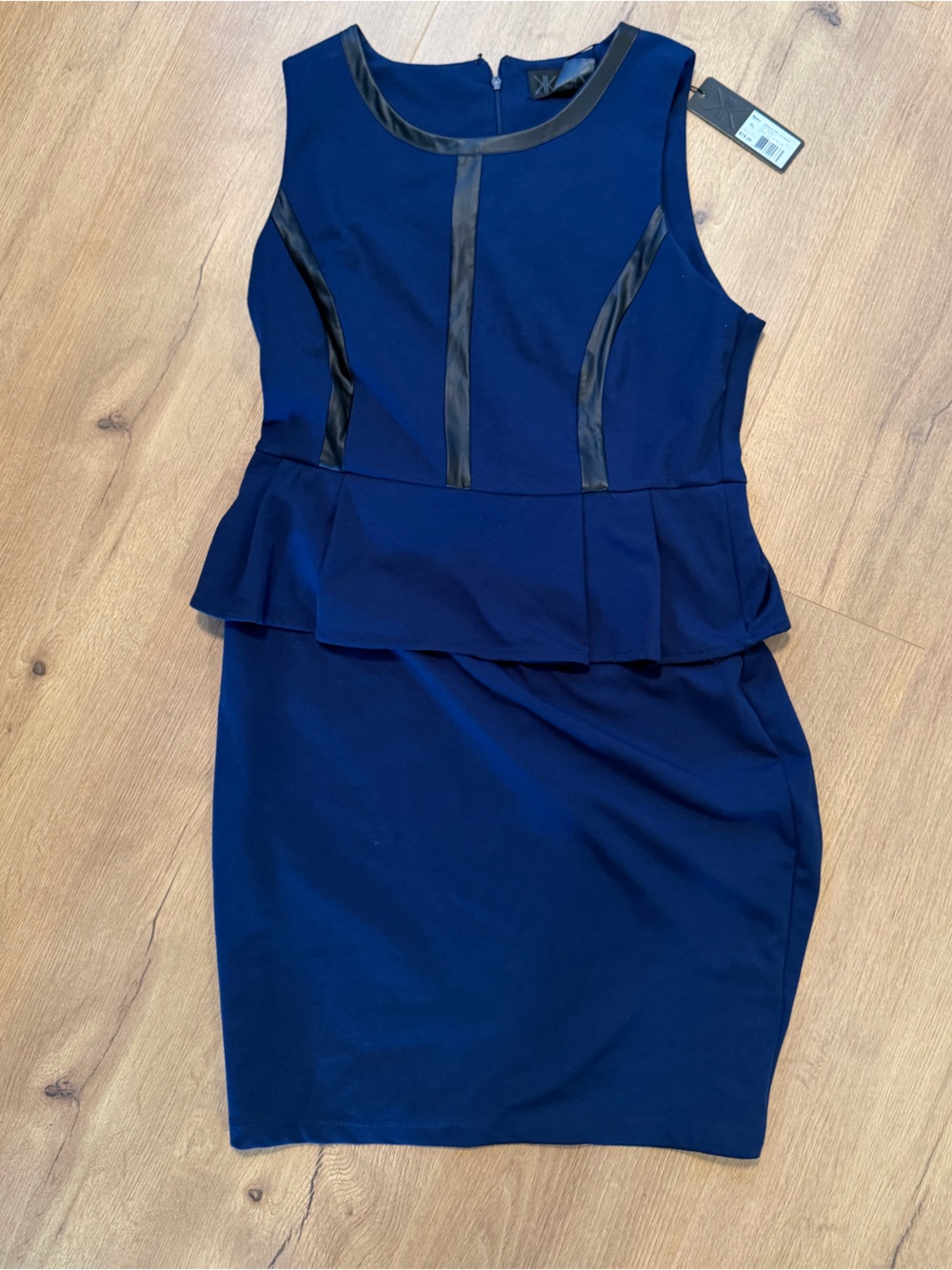Kardashian Kollection Women's Navy Peplum Sheath Dress with Faux Leather Trim